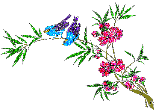 Bakundimaizuma, GIF animado de pássaros azuis sobre uma planta com folhas verdes e flores rosas.